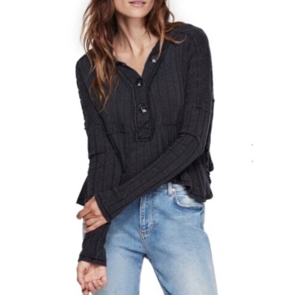 We The Free Free People Charcoal Gray Ribbed Henley Mock Neck Top XL